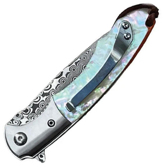 ElitEdge Linerlock Damascus 10-B005WP - Damascus Steel Blade With Mother Of Pearl Handle Pocket Clip And Extended Tang by ElitEdge