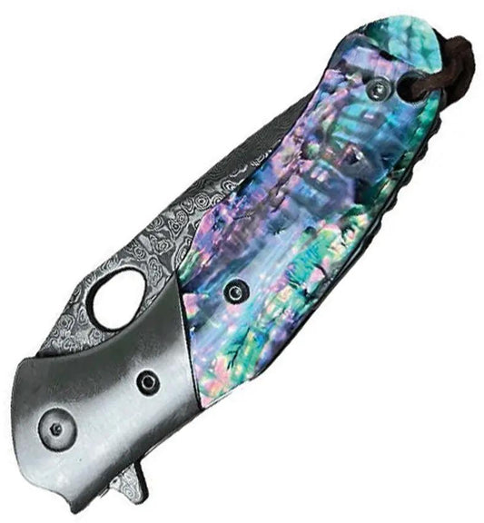 ElitEdge Linerlock Damascus 10B009AB - Premium Damascus Steel Drop Point Blade With Abalone Handle by ElitEdge