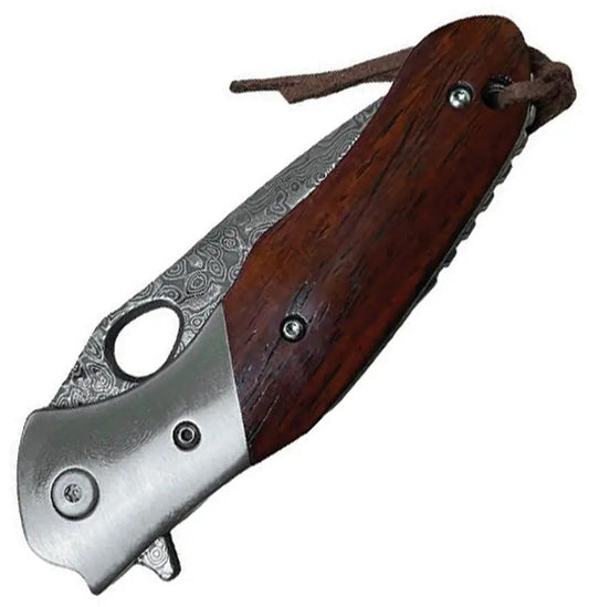 ElitEdge Linerlock Damascus Wood - 3 Inch Damascus Blade, Brown Wood Handle, Lanyard Hole, Pocket Clip by ElitEdge