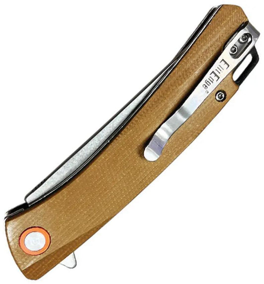 ElitEdge Linerlock Knife Tan Micarta Handle - D2 Tool Steel Blade, Extended Tang, Pocket Clip by ElitEdge