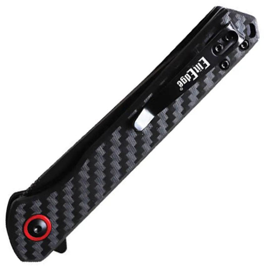 ElitEdge Linerlock Carbon Fiber Knife 8Cr13MoV Spear Point Blade Extended Tang Lanyard Hole Pocket Clip Red Accents by ElitEdge