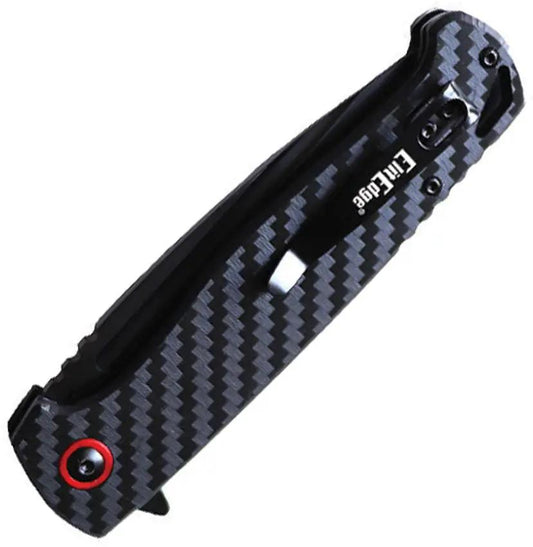 ElitEdge Linerlock Carbon Fiber Knife - 8Cr13MoV Drop Point With Extended Tang Lanyard Hole Clip Red Accents by ElitEdge