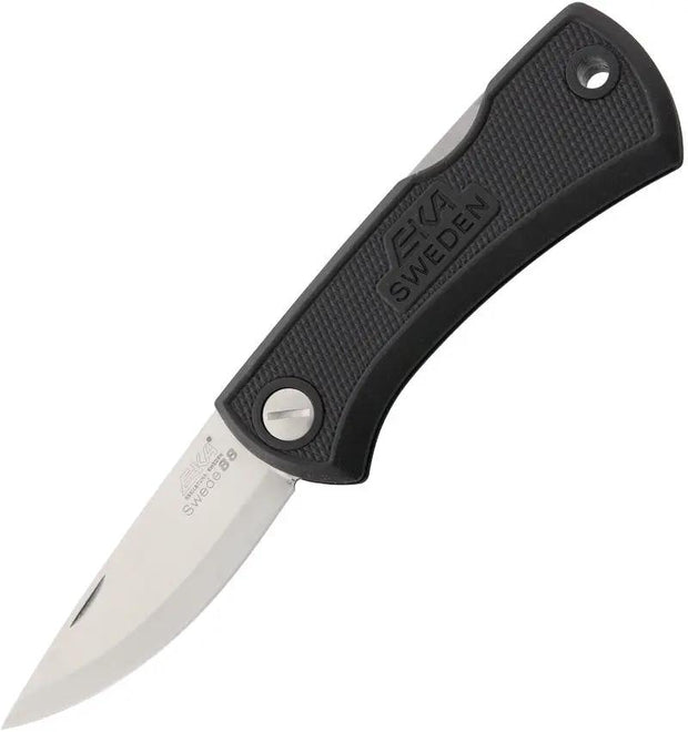 EKA Swede 88 Lockback Knife With 12C27 Stainless Blade, Black Rubber Handle, Lanyard Hole, Belt Sheath For Campers by EKA