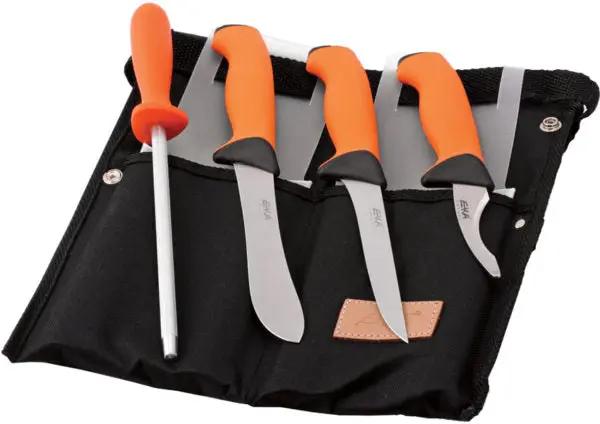 EKA Butcher Set 730403 For Hunters And Meat Processors With Skinning Boning Gut Hook And Sharpening Steel In Roll Bag by EKA