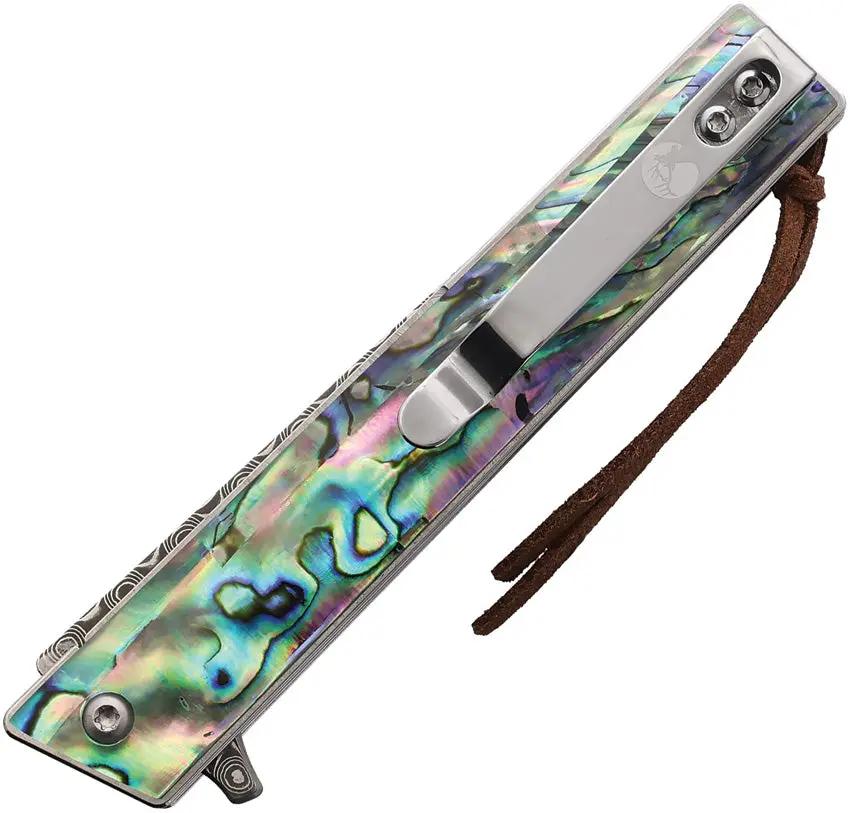 Elk Ridge Linerlock Abalone ER-2011DM - Damascus Blade Abalone Handle Extended Tang Lanyard Hole Pocket Clip by Elk Ridge