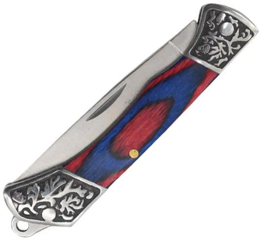 Elk Ridge Slip Joint Knife - Blue Red Wood Handle, Stainless Satin Drop Point Blade, 3 Inch Closed Length by Elk Ridge