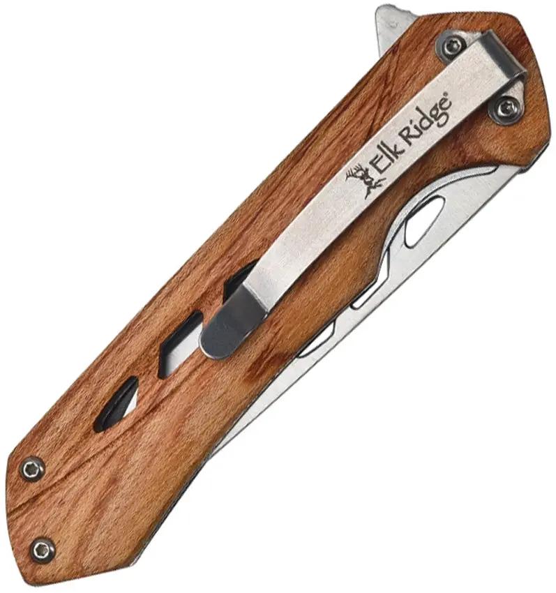 Elk Ridge Linerlock Wood ER-2030LB - Satin Drop Point Blade With Extended Tang And Wood Handle by Elk Ridge