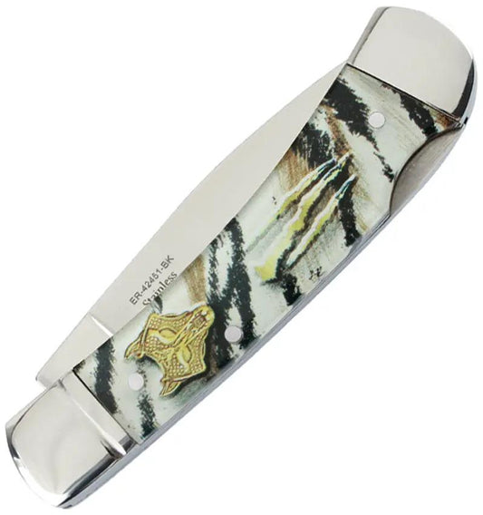 Elk Ridge Lockback Knife Featuring 3Cr13 Stainless Drop Point Blade And Black White Acrylic Handle by Elk Ridge