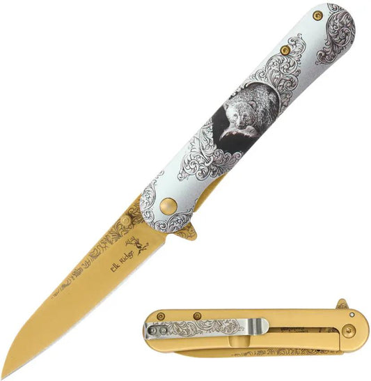 Elk Ridge Wildlife Framelock A O Bear ER A2007BR - Assisted Opening Knife With Gold TiNi Blade by Elk Ridge