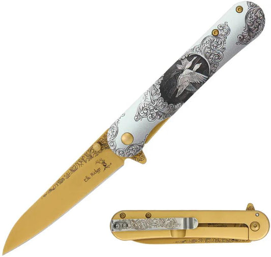 Elk Ridge Wildlife Framelock A/O Geese - Gold TiNi Stainless Blade, 4.5in Closed, 3.5in Blade, Geese 3D Artwork by Elk Ridge