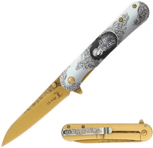 Elk Ridge Wildlife Framelock AO Wolf ER-A2007WF - Assisted Opening Folding Knife With Gold TiNi Blade by Elk Ridge