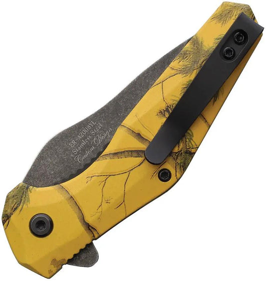 Elk Ridge Camo Linerlock Knife - Assisted Opening, Yellow Camo Nylon Handle, 2.88in Black Stonewash 3Cr13 Blade by Elk Ridge