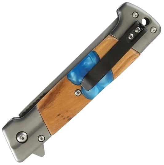 Elk Ridge LinerLock AO Blue ER A2019BL - Assisted Opening Clip Point Knife With Brown Wood Handle And Blue Resin Inlay by Elk Ridge