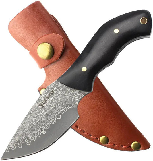 Elk Ridge ER-FIX118DM Fixed Blade Knife - Damascus Steel Blade, Full Tang, Lanyard Hole, Leather Belt Sheath by Elk Ridge