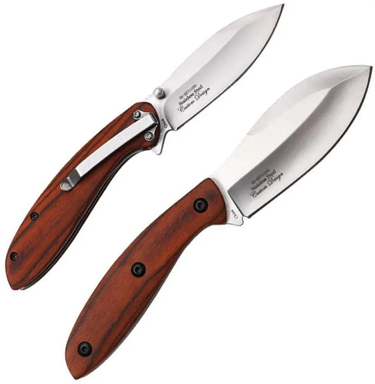 Elk Ridge ER-SET111BN Fixed and Folding Knife Set - Satin Stainless Blades With Brown Wood Handles by Elk Ridge