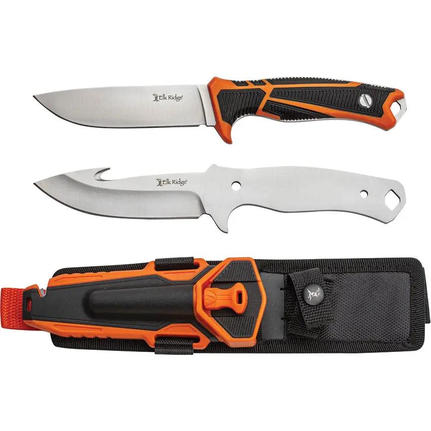 Elk Ridge Trek Hunting Combo ER-TKFIX001 - Dual Blade Set With Drop Point And Gut Hook Full Tang Fire Starter Sheath by Elk Ridge