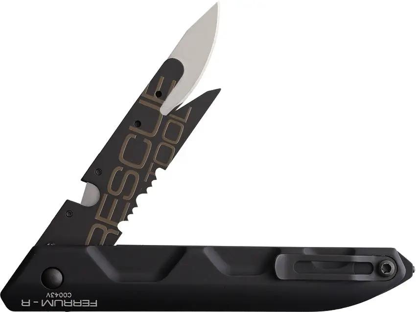Extrema Ratio Ferrum Rescue Linerlock Knife Pro Grade Triple Blade Glass Breaker Black Aluminum N690 Rescue Pros by Extrema Ratio