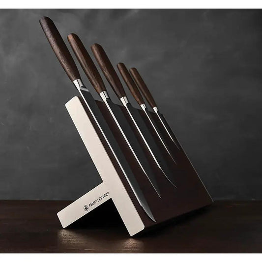 FELIX Kitchen Set Magnetic Block - Five Knife Set With Smoked Oak Handles And Magnetic Stand by FELIX