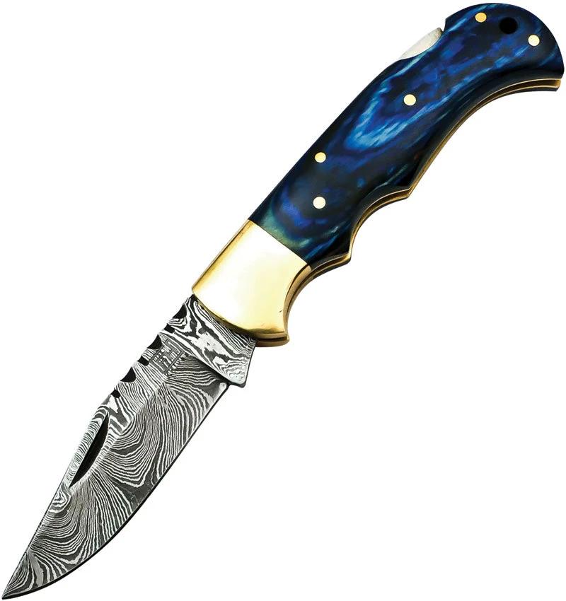 FH Knives Lockback Damascus Blue BLUE-001 by FH Knives