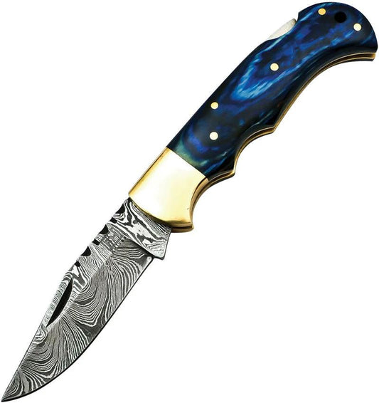 FH Knives Lockback Damascus Blue BLUE-001 by FH Knives