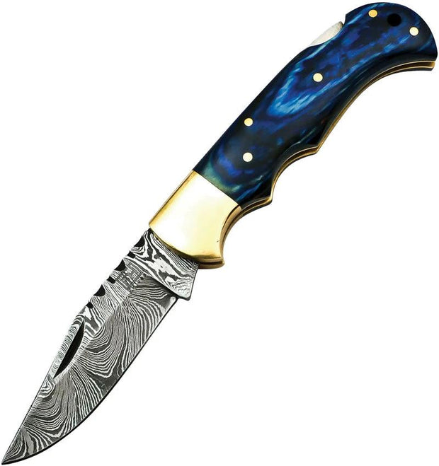 FH Knives Lockback Damascus Blue BLUE-001 by FH Knives
