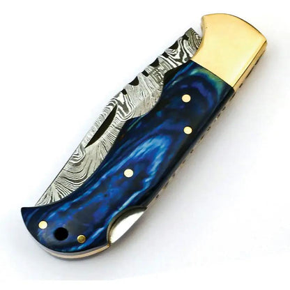 FH Knives Lockback Damascus Blue - Clip Point Blade Pakkawood Blue Handle Brass Bolsters Leather Belt Sheath Included by FH Knives