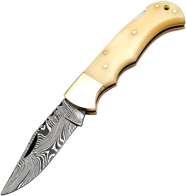FH Knives Lockback Damascus Bone BONE-001 by FH Knives