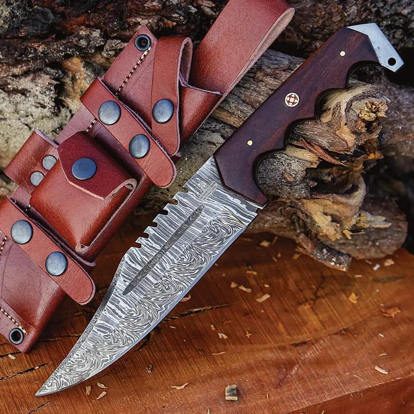 FH Knives Damascus Bowie CUPBOWIE-001 - Full Tang Damascus Blade With Brown Wood Handle And Leather Sheath by FH Knives
