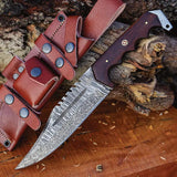 FH Knives Damascus Bowie CUPBOWIE-001 - Full Tang Damascus Blade With Brown Wood Handle And Leather Sheath by FH Knives