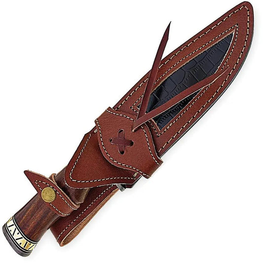 FH Knives Damascus Bowie HFZBOWIE-001 - 7 Inch Damascus Clip Point Blade With Brown Wood Handle by FH Knives