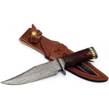 FH Knives Damascus Bowie HFZBOWIE-001 - 7 Inch Damascus Clip Point Blade With Brown Wood Handle by FH Knives