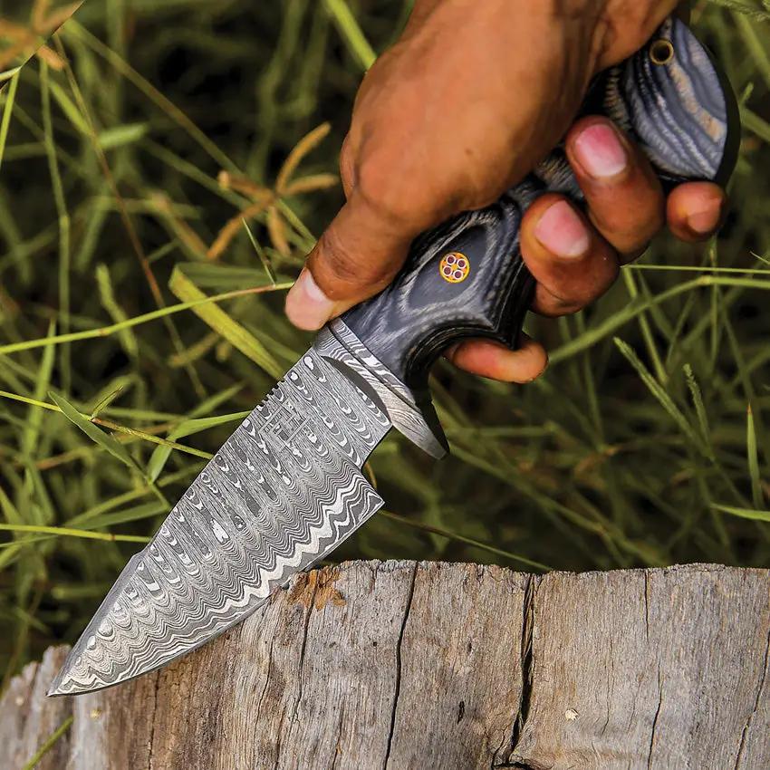 FH Knives Fixed Blade Damascus Gray MLK-0004 - 5 Inch Damascus Blade With Pakkawood Handle by FH Knives