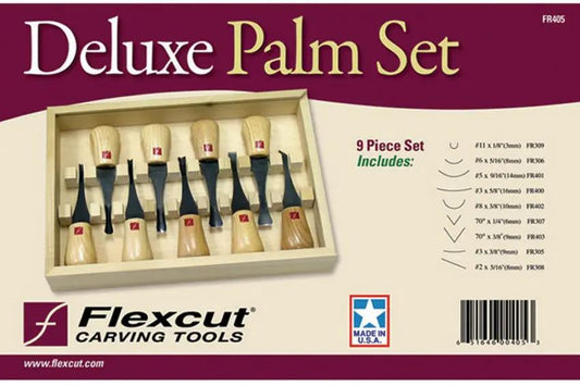 Flexcut Deluxe Palm Set FR405 Nine High Carbon Steel Blades With Wooden Storage Box For Detail And Roughing by Flexcut