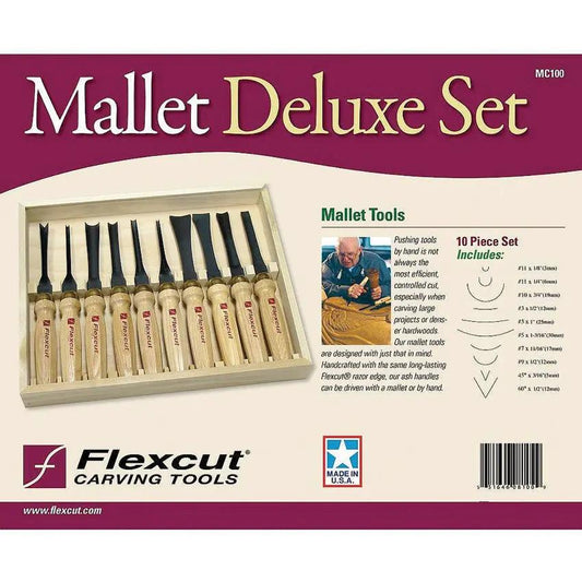Flexcut Ten Piece Deluxe Mallet Set MC100 - Carbon Steel Blades and Wood Handles for Precise Carving by Flexcut