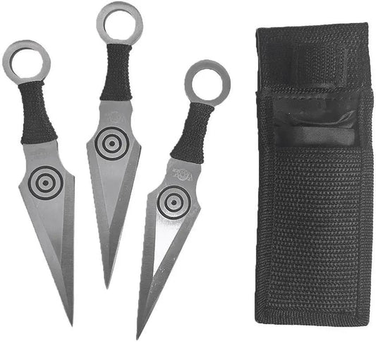Falcon Throwing Knives 3 Set - Satin 3 Inch Blades, Full Tang, Cord Wrapped Handles, Belt Sheath by Falcon