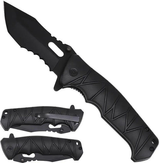 Falcon Linerlock A/O Knife - Assisted Opening Black ABS Handle 3.5in Partial Serrated Tanto Blade by Falcon