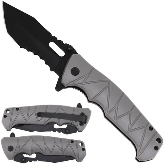 Falcon Linerlock AO Gray KS1025GY - Assisted Opening 3.5 Inch Black Partially Serrated Tanto Blade by Falcon