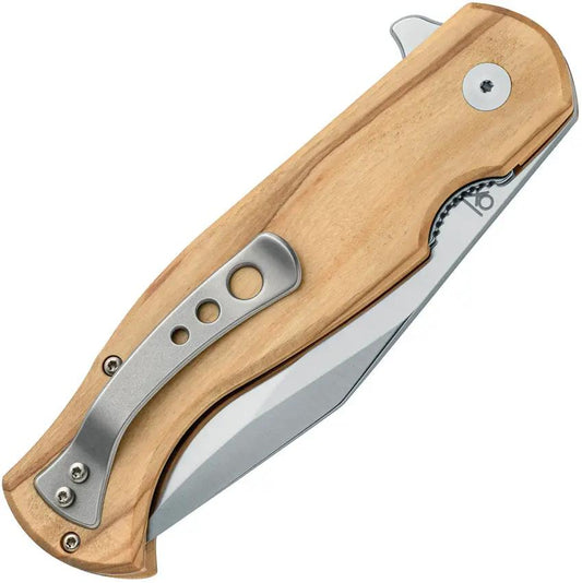 FOX Eastwood Tiger Linerlock Olv FX-524 OL - Olive Wood Handle 3.75 Inch Satin S90V Blade Extended Tang Pocket Clip by FOX