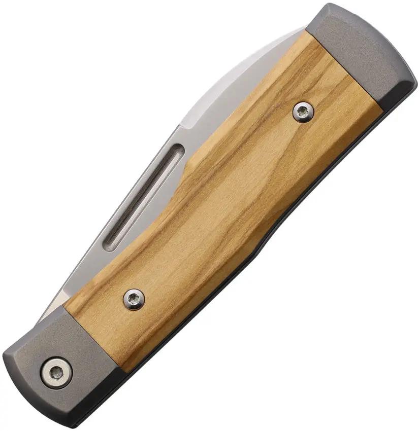 Fox Gunstock Barlow Olive - Satin M390 Blade Olive Wood Handle Titanium Bolsters Leather Pouch Included by Fox