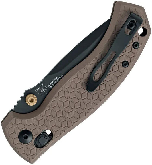 FOX Anzu Verso Lock Tan - MagnaCut Steel Blade Tan Aluminum Handle Lanyard Hole And Pocket Clip Included by FOX