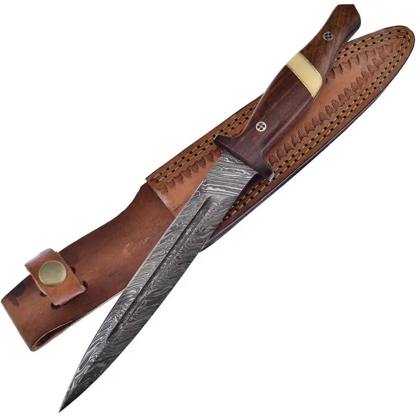 Frost Cutlery Dagger Rosewood Damascus Steel - Full Tang Blade With White Bone Onlay And Leather Sheath by Frost Cutlery
