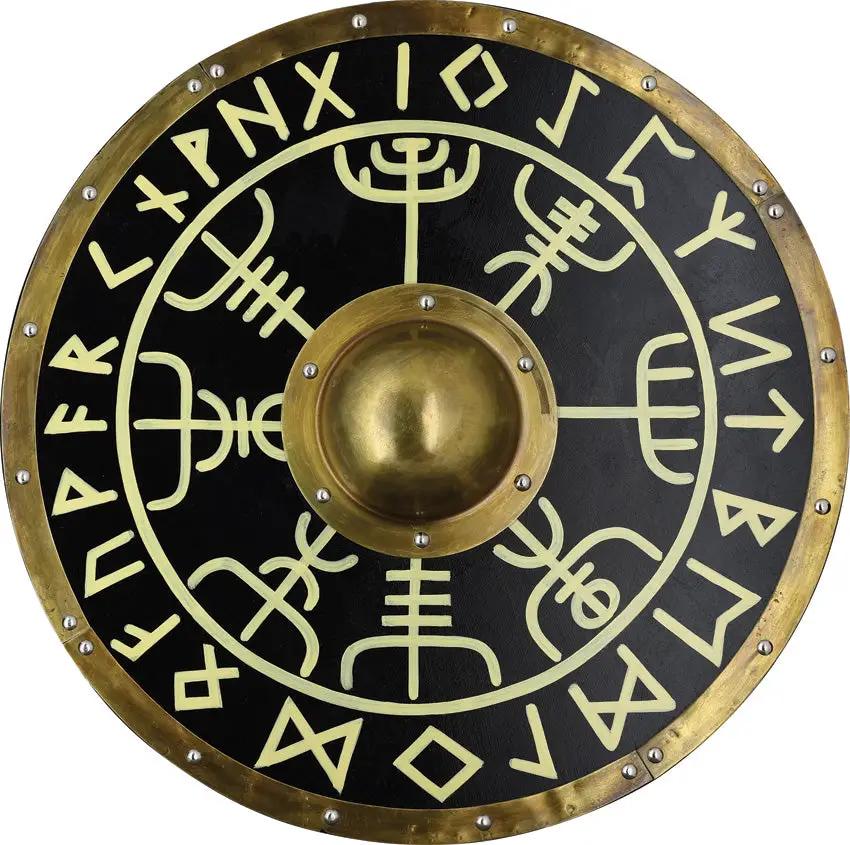 India Made Wood Shield AN2004 - 23.5 Inch Diameter Brass Accents Black Wood Shield With Leather Back Straps by India Made