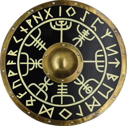 India Made Wood Shield AN2004 - 23.5 Inch Diameter Brass Accents Black Wood Shield With Leather Back Straps by India Made