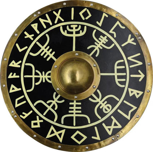 India Made Wood Shield AN2004 - 23.5 Inch Diameter Brass Accents Black Wood Shield With Leather Back Straps by India Made
