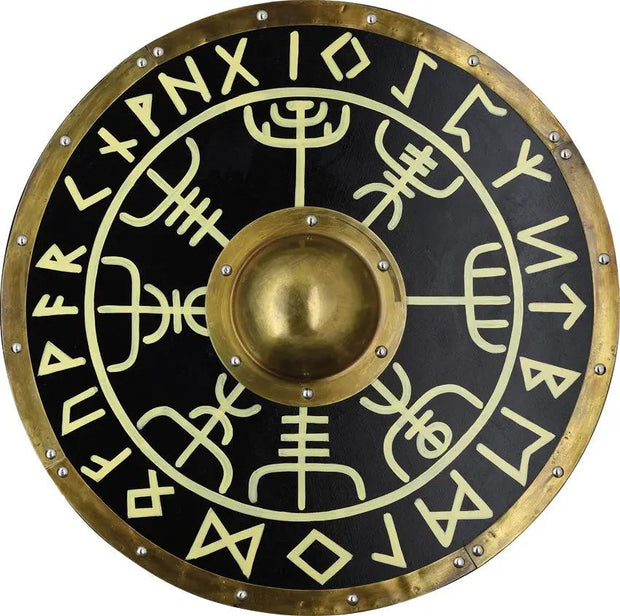 India Made Wood Shield AN2004 - 23.5 Inch Diameter Brass Accents Black Wood Shield With Leather Back Straps by India Made
