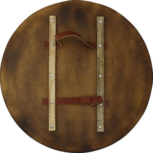 India Made Wood Shield AN2007 - 23.5 Inch Diameter Brown Wood With Leather Hand Straps On Back Boxed by India Made