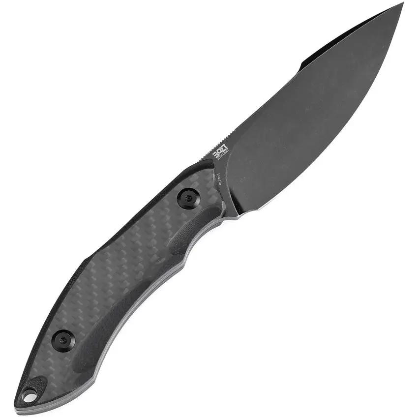 Tenable Knives Luccio Fixed Blade - Full Tang CF And G10 Handle, Stonewashed 14C28N Clip Point Blade, Black Kydex Sheath by Tenable Knives