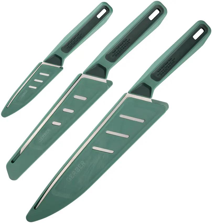 Gerber CompIEAT Knife Set with 8in Chef 6in Serrated 3.25in Paring Satin 4116 Stainless Blades Green Handles Home Cooks by Gerber