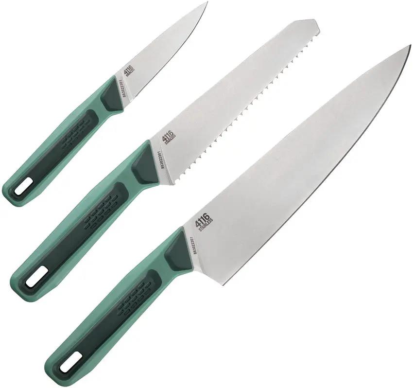 Gerber CompIEAT Knife Set with 8in Chef 6in Serrated 3.25in Paring Satin 4116 Stainless Blades Green Handles Home Cooks by Gerber