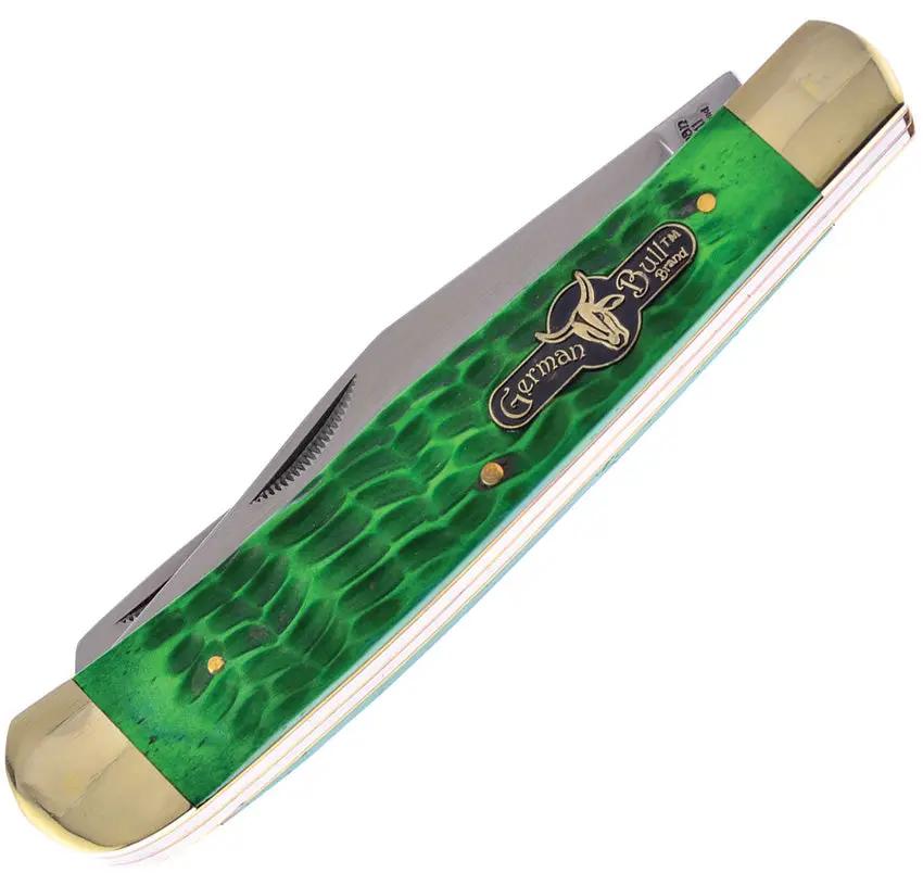 German Bull Int Trapper - Antique Green Jigged Bone Handle With Satin Clip And Spey Blades by German Bull Int